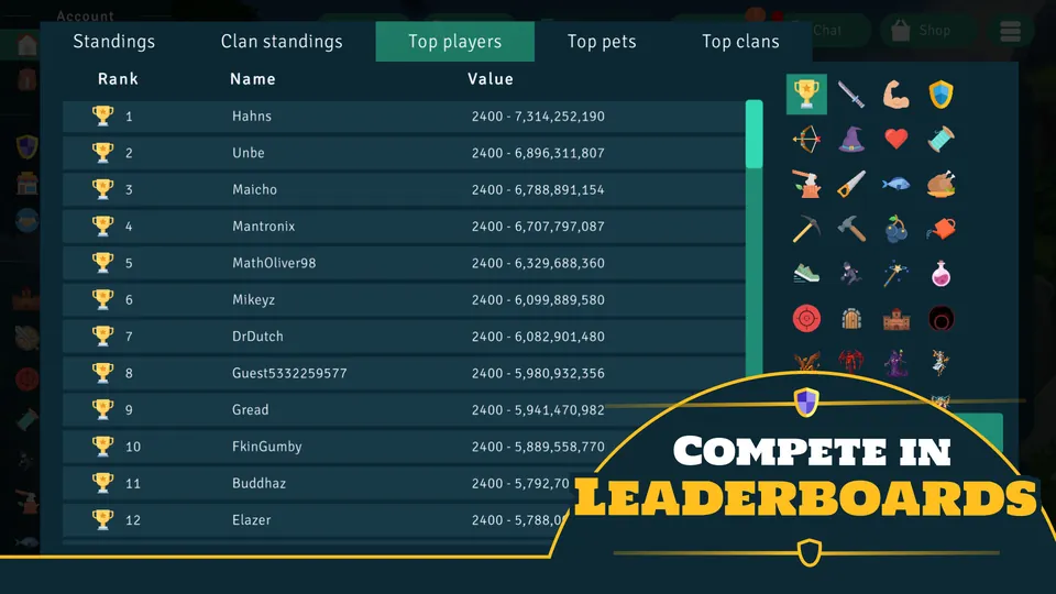 Idle Clans leaderboards screen: top players by total level