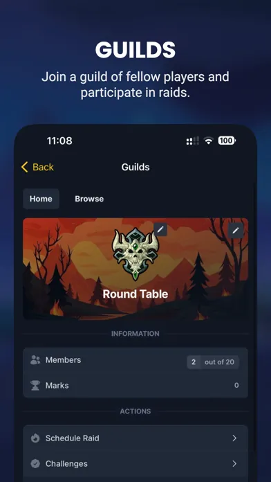 IdleMMO App Store screenshot: Guilds, a guild home page with members, raids and challenges