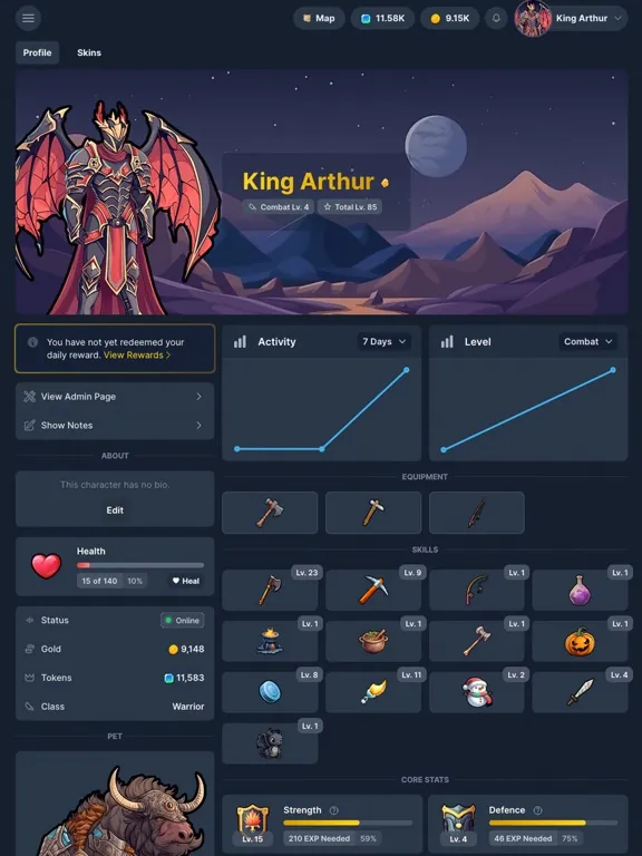 IdleMMO App Store iPad screenshot: a character profile with equipment, skills, gold and class