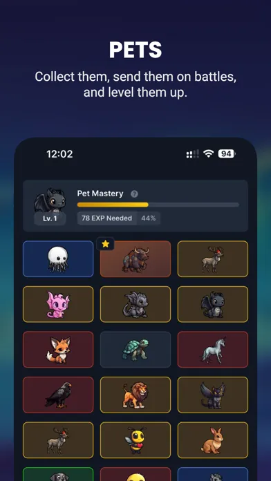 IdleMMO App Store screenshot: Pets, the pet collection grid with Pet Mastery progress