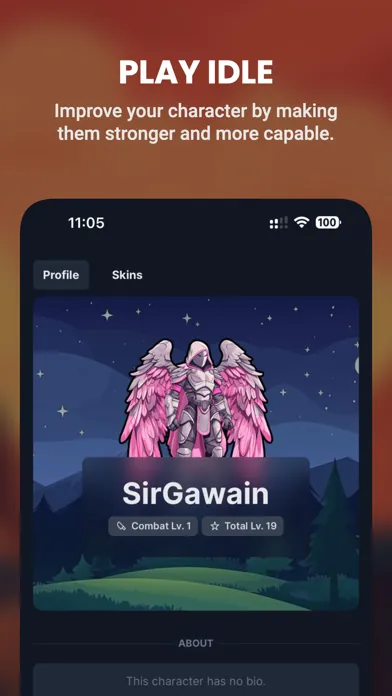 IdleMMO App Store screenshot: Play idle, a character profile with combat and total level