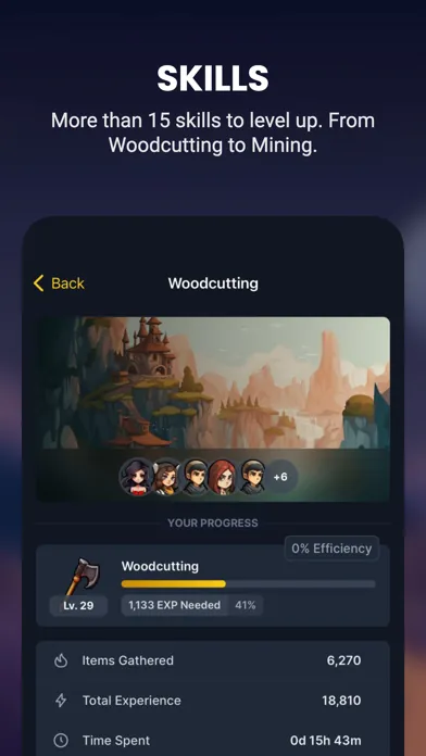 IdleMMO App Store screenshot: Skills, the Woodcutting skill page with level progress