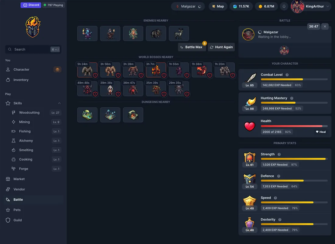 IdleMMO web app: enemies, world boss timers and dungeons nearby, with skill levels and primary stats