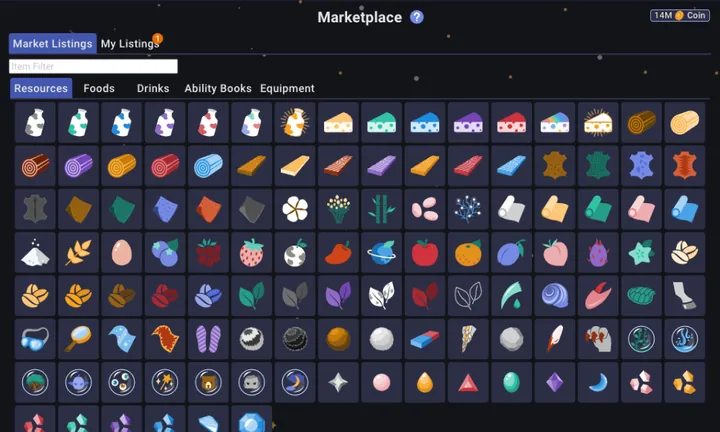 Milky Way Idle marketplace listings grid: resources, foods, drinks, ability books and equipment tabs