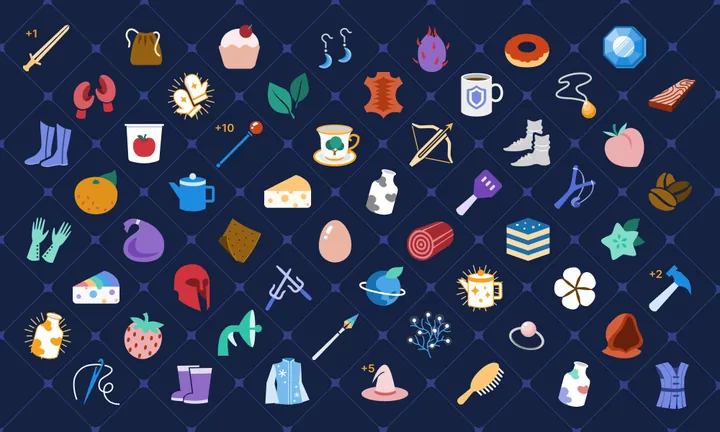 Milky Way Idle item art collage: tools, gear, food, drinks and resources