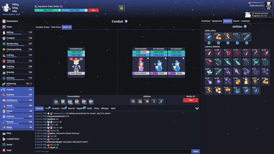 Milky Way Idle combat: a party fighting Swampy-zone monsters, with the abilities panel