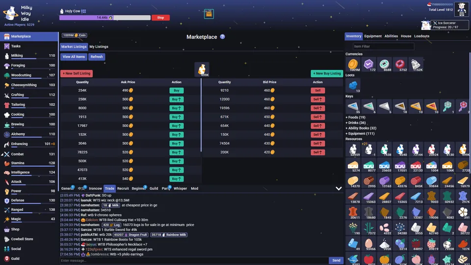 Milky Way Idle marketplace: an item's order book with ask and bid prices and quantities