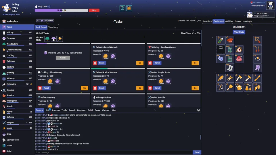 Milky Way Idle task board: skilling and combat tasks with their rewards
