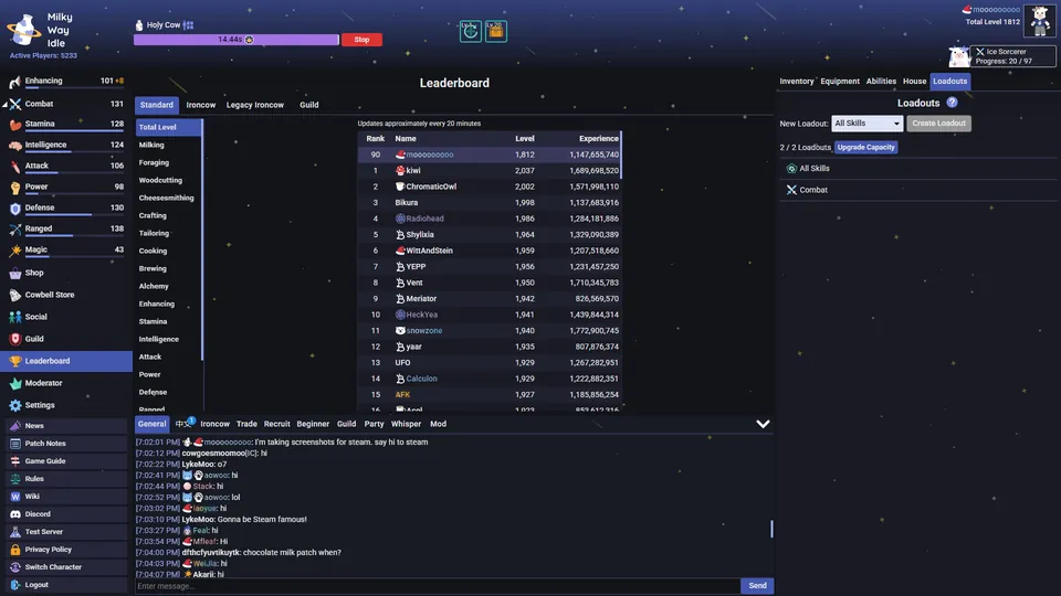 Milky Way Idle leaderboard: total level rankings