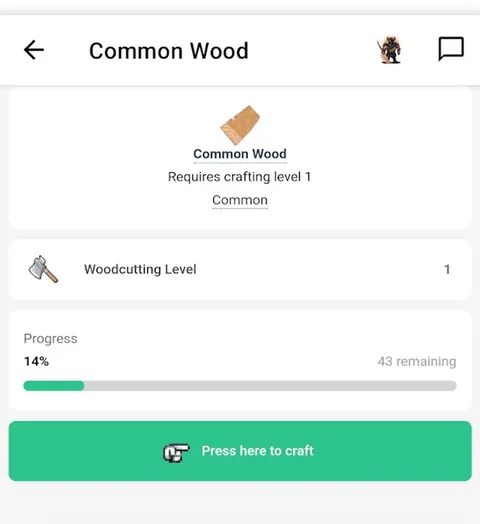 SimpleMMO gathering screen: Common Wood, needing crafting level 1, with its woodcutting level and progress bar