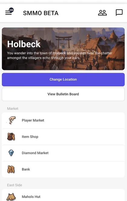 SimpleMMO town screen for Holbeck: change location, bulletin board, market, item shop and bank