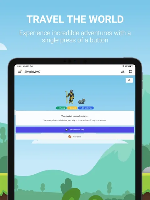 SimpleMMO iPad store screenshot: Travel the world, the travel screen on a tablet