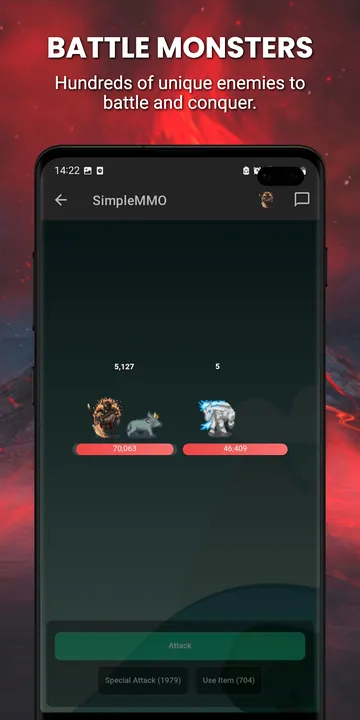 SimpleMMO Google Play screenshot: Battle monsters, a fight against an enemy with health bars