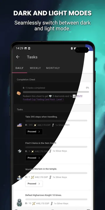 SimpleMMO Google Play screenshot: Dark and light modes, the tasks screen split between both themes