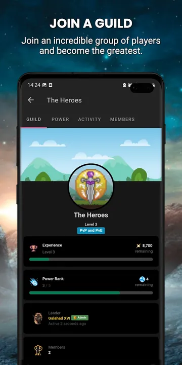 SimpleMMO Google Play screenshot: Join a guild, a guild page with its level and members