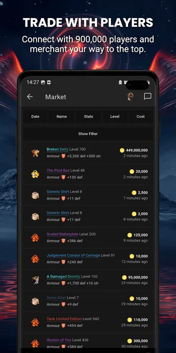SimpleMMO Google Play screenshot: Trade with players, the market listing items with gold prices