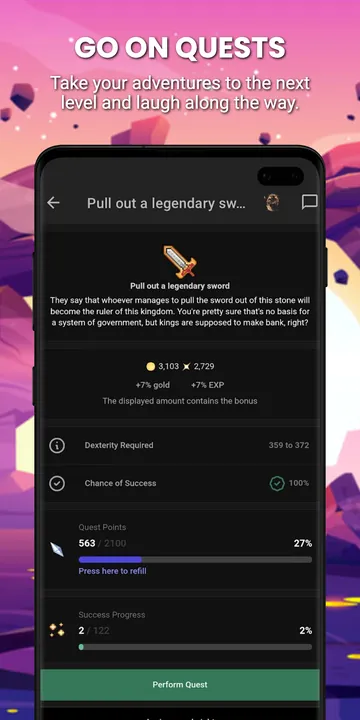 SimpleMMO Google Play screenshot: Go on quests, a quest with its success chance and progress bars