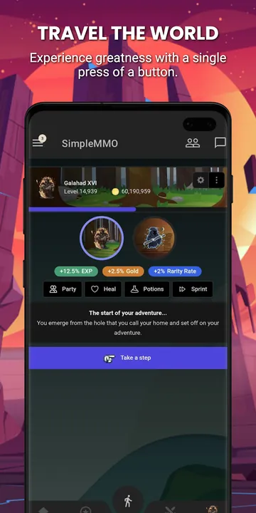 SimpleMMO Google Play screenshot: Travel the world, the dark-theme travel screen with a step button