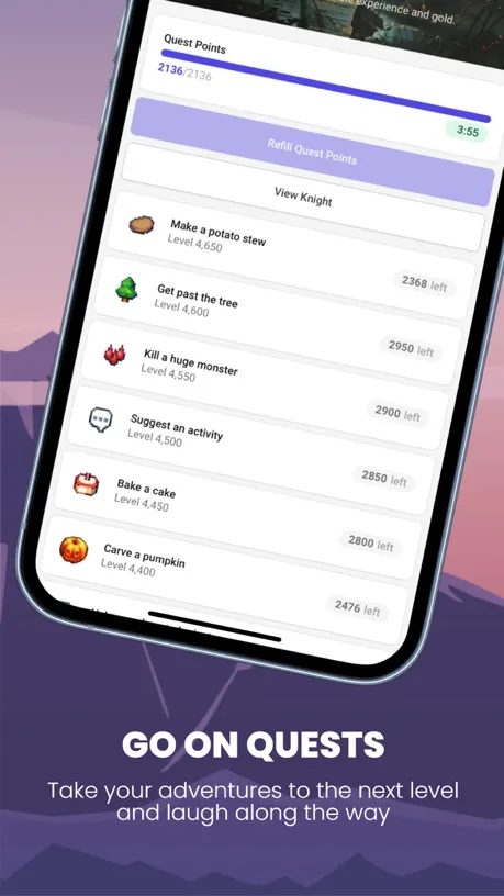 SimpleMMO store screenshot: Go on quests, the quest list with quest points