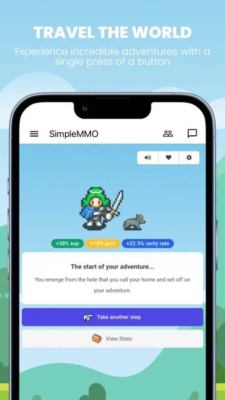 SimpleMMO store screenshot: Travel the world, taking a step on the travel screen