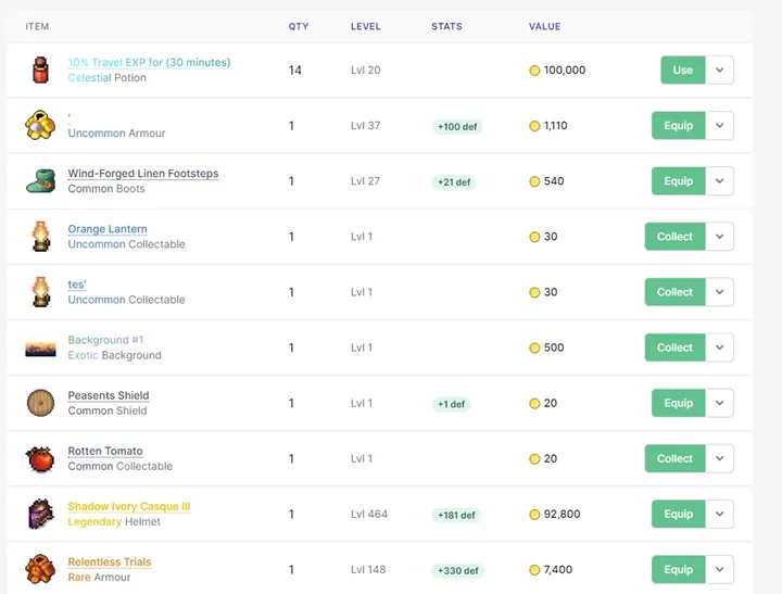 SimpleMMO web app inventory, listing items with their gold value