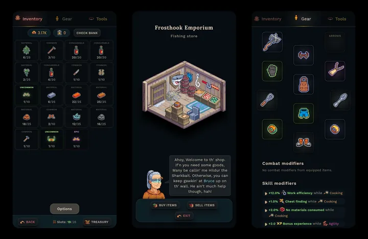 WalkScape screenshots: the inventory, the Frosthook Emporium fishing shop and gear modifiers