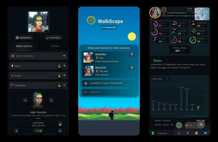 WalkScape screenshots: character creation, the character select screen and the stats page