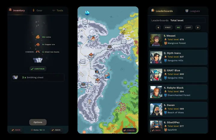WalkScape screenshots: opening a smithing chest, the world map and the total-level leaderboard