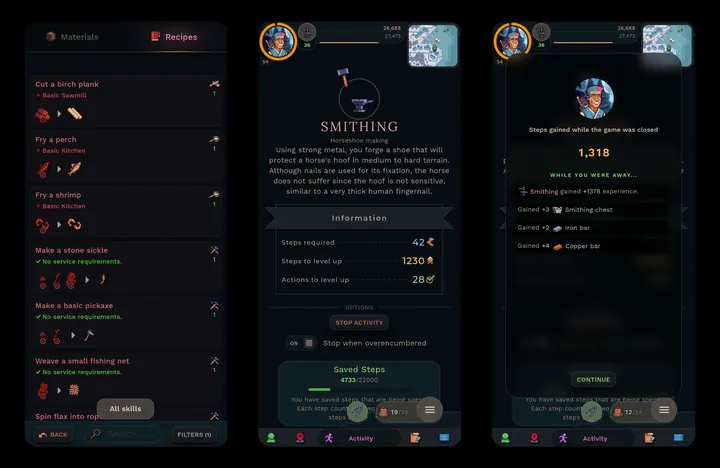 WalkScape screenshots: crafting recipes, the smithing skill page and steps banked while away