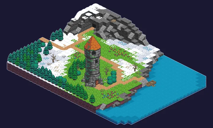 WalkScape isometric pixel art: a stone tower on a green island below a snowy mountain