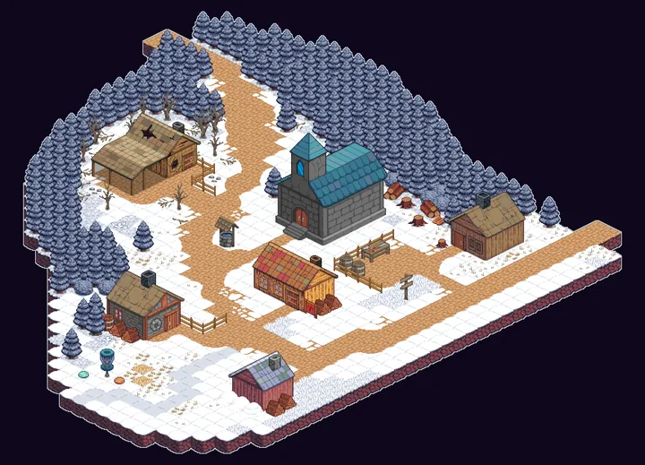 WalkScape isometric pixel art: a snowy town with timber houses and a market square