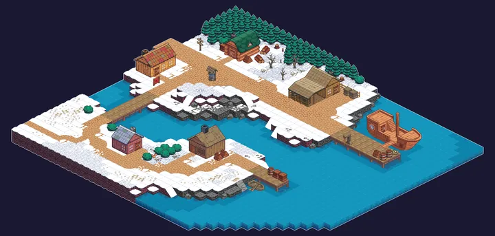 WalkScape isometric pixel art: a snowy harbour village with a dock and boats