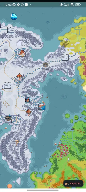 WalkScape phone screenshot: the in-game world map with snowy and green regions