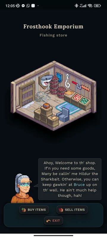 WalkScape phone screenshot: the Frosthook Emporium fishing shop with its shopkeeper