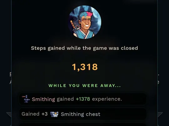 WalkScape: steps gained while the game was closed, and the experience they earned