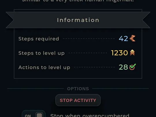 WalkScape smithing activity: steps required per action, steps and actions to level up