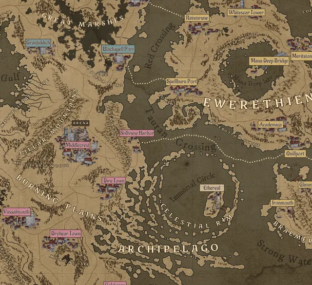 WalkScape world map in a parchment style, with regions and towns labelled